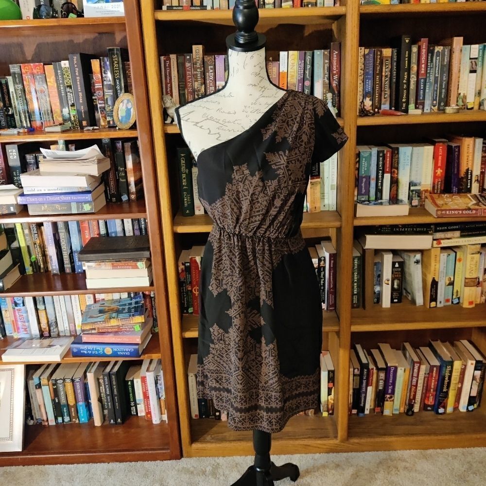 𝅺12th street silk one shoulder tan and black dress